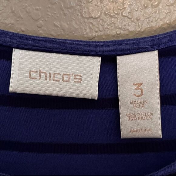 Chico's Black/Blue Striped Short Sleeve Pullover Shirt with Tie Hip Size 3 or XL - Picture 3 of 8